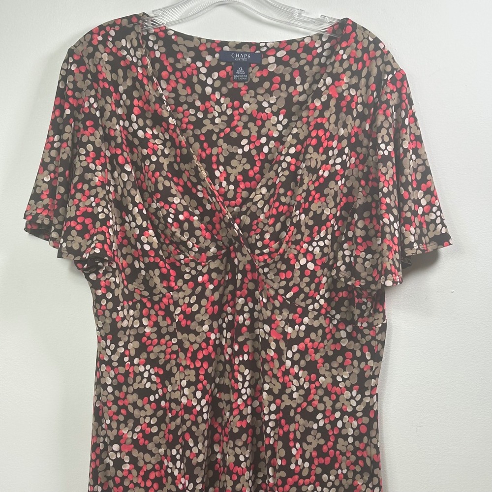 Chaps Womens XL Brown Pink Abstract Dot Faux Wrap V-Neck Short Sleeve Dress - Picture 3 of 7